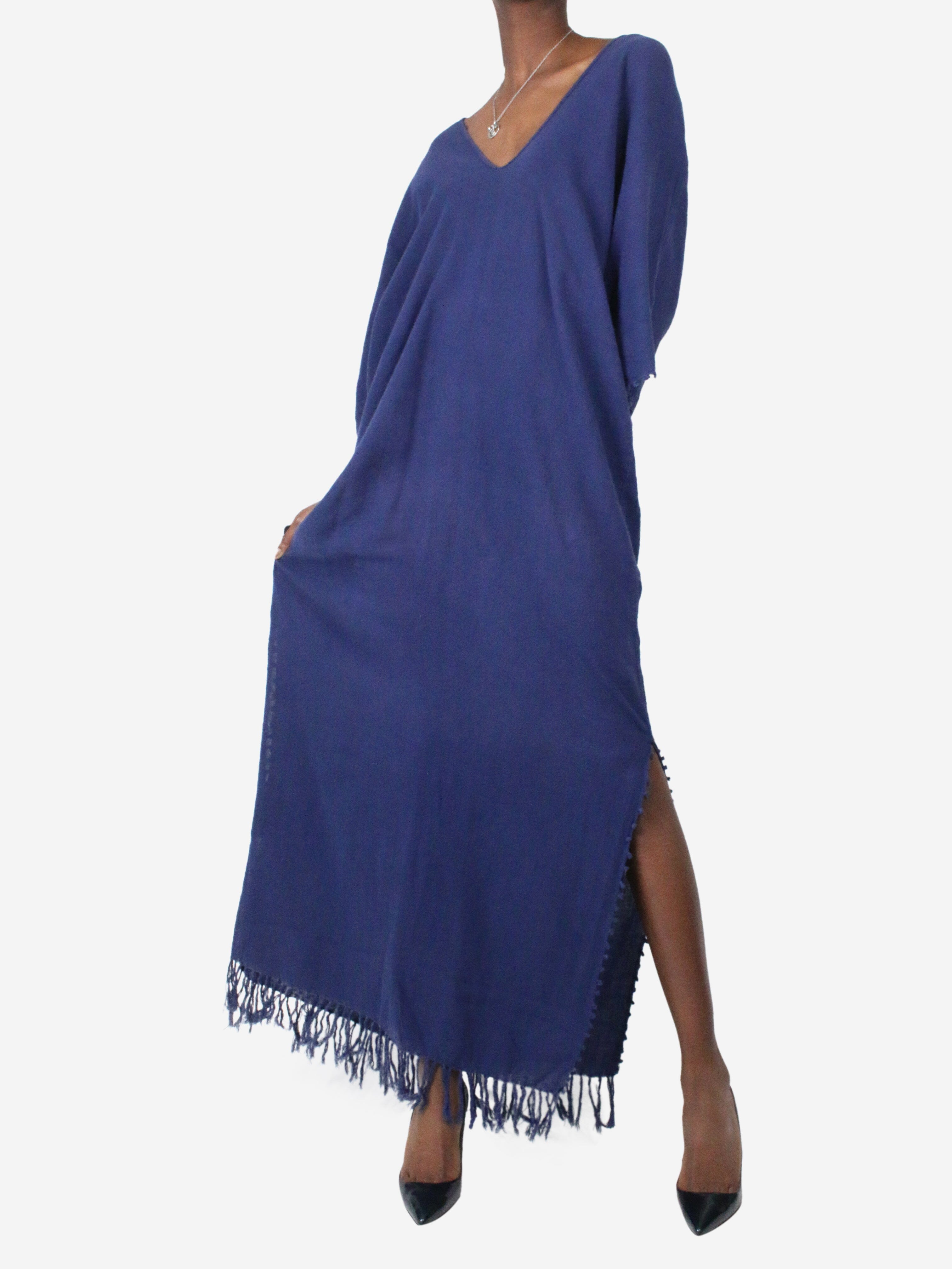 image of Navy kaftan style maxi dress - size UK 10