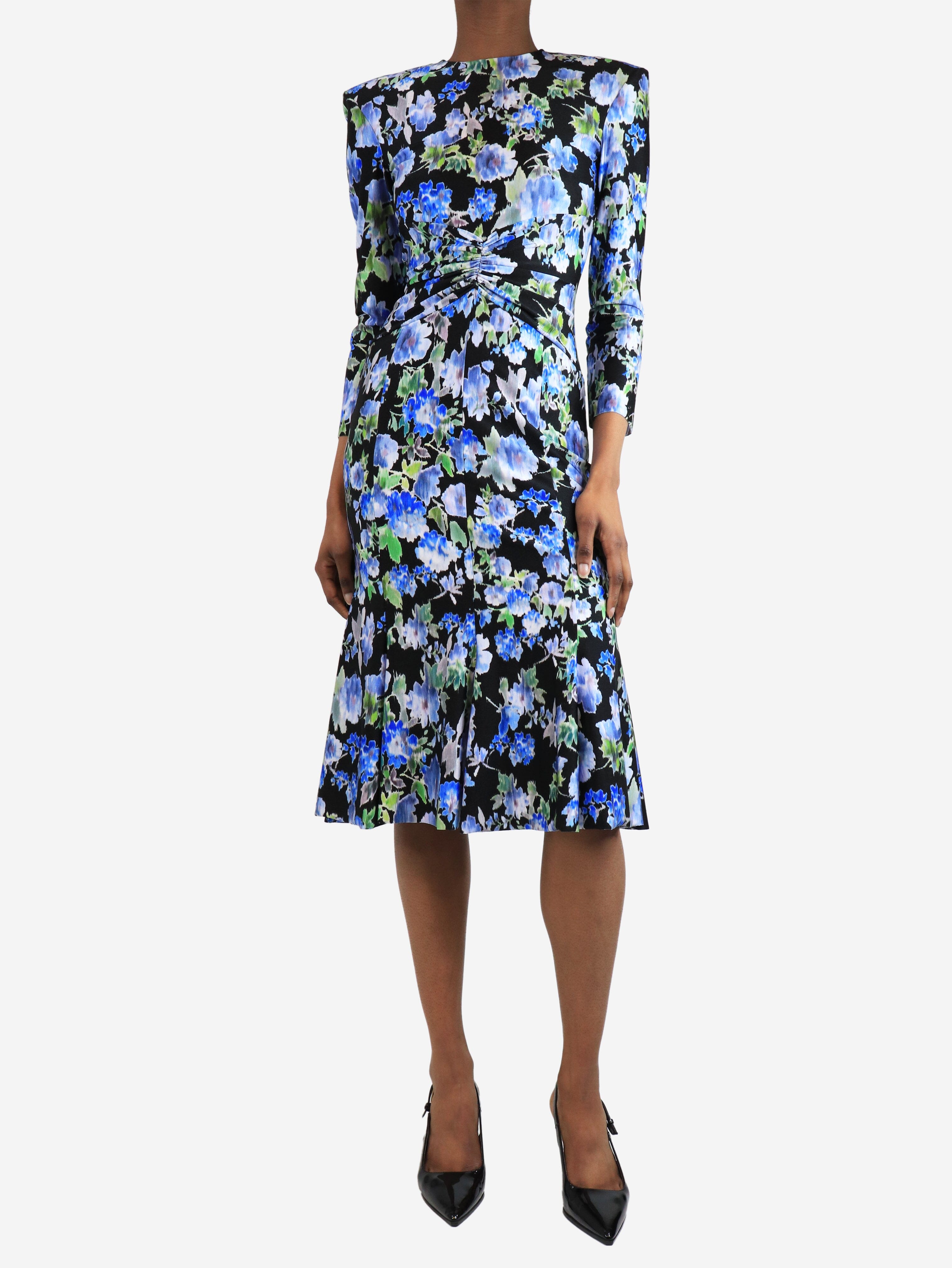 image of Black satin floral printed gathered midi dress - size UK 8