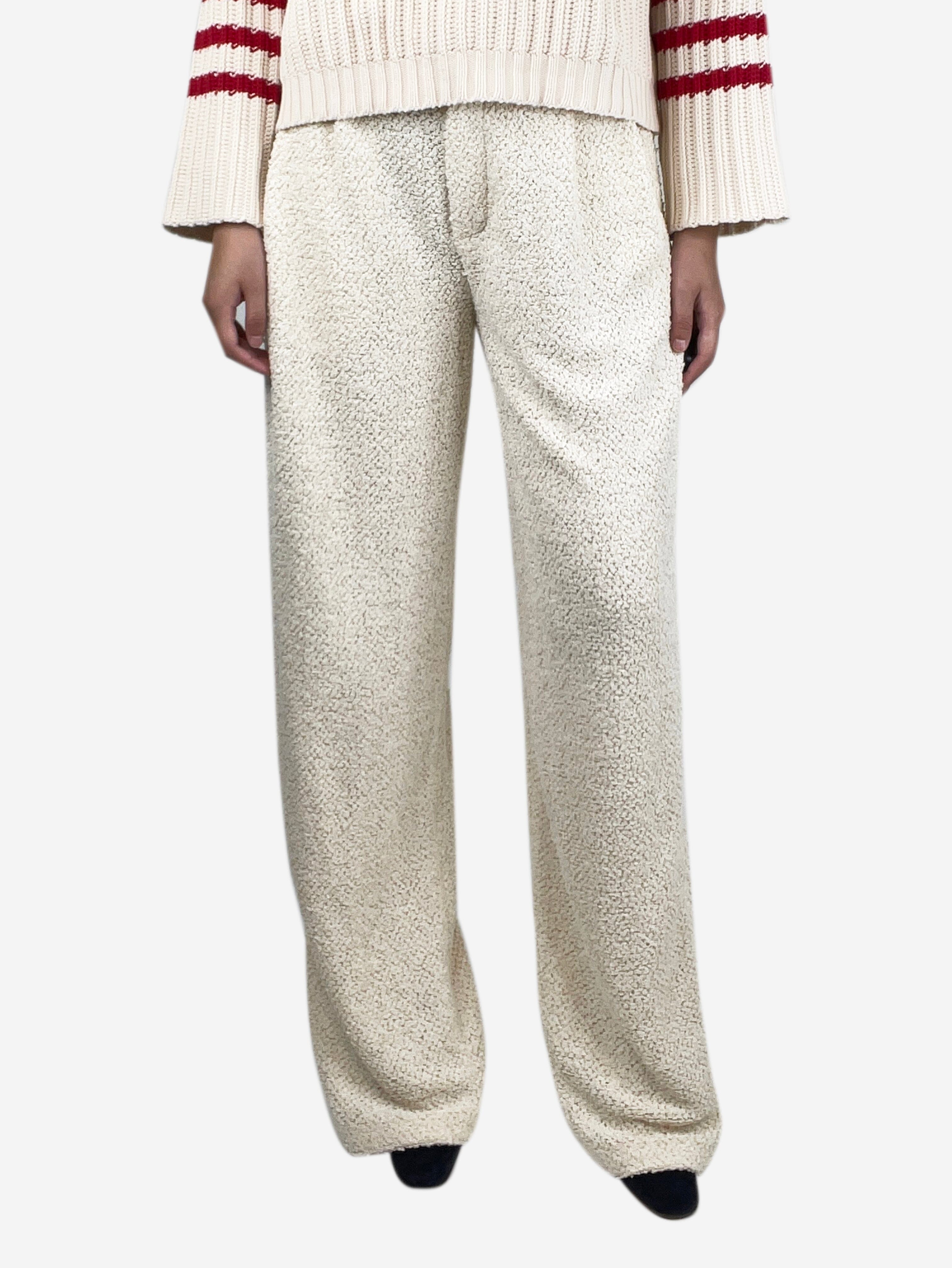 image of Cream wide-leg textured trousers - size UK 8