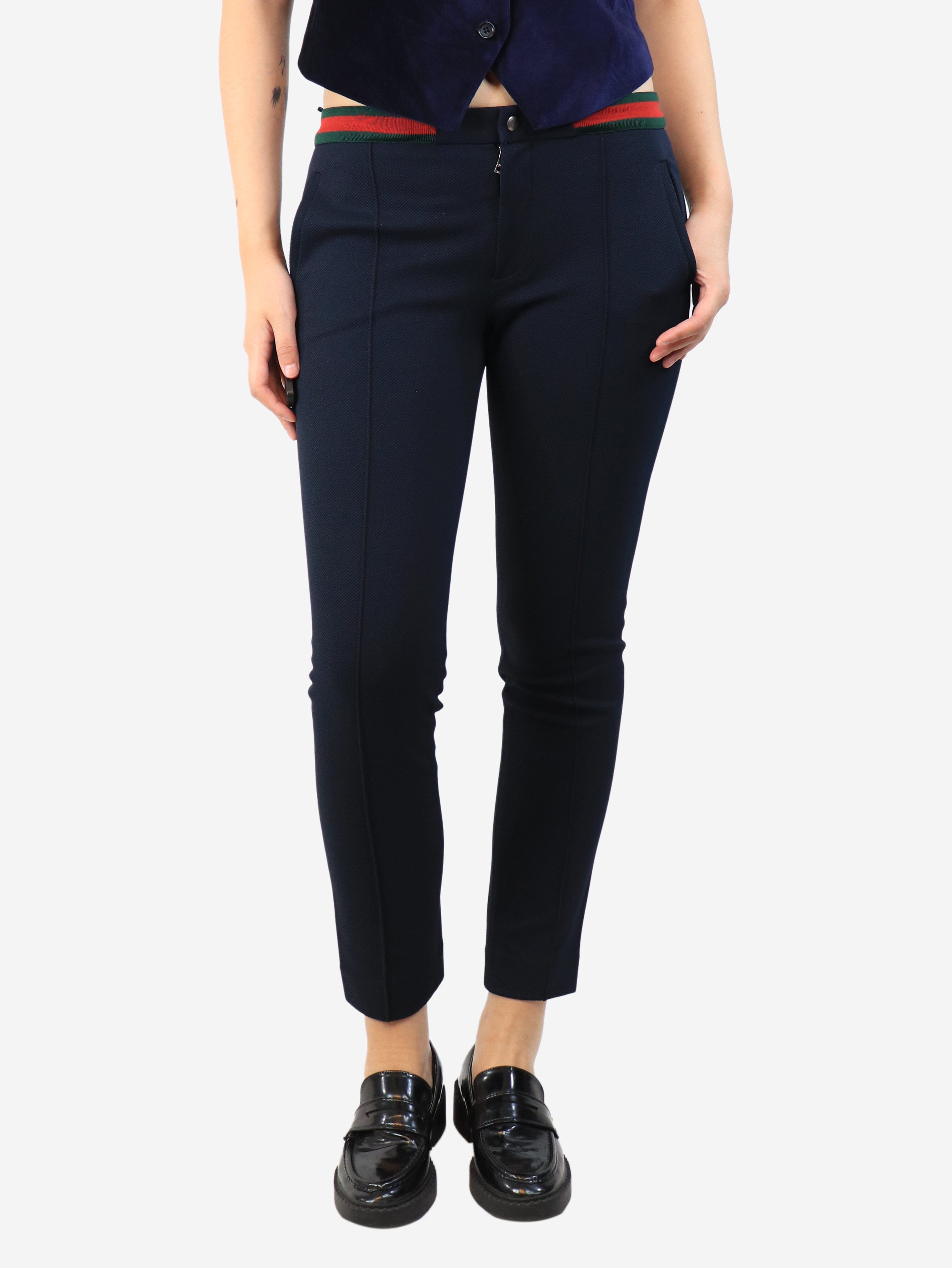 image of Navy blue tapered web-stripe trousers - size S