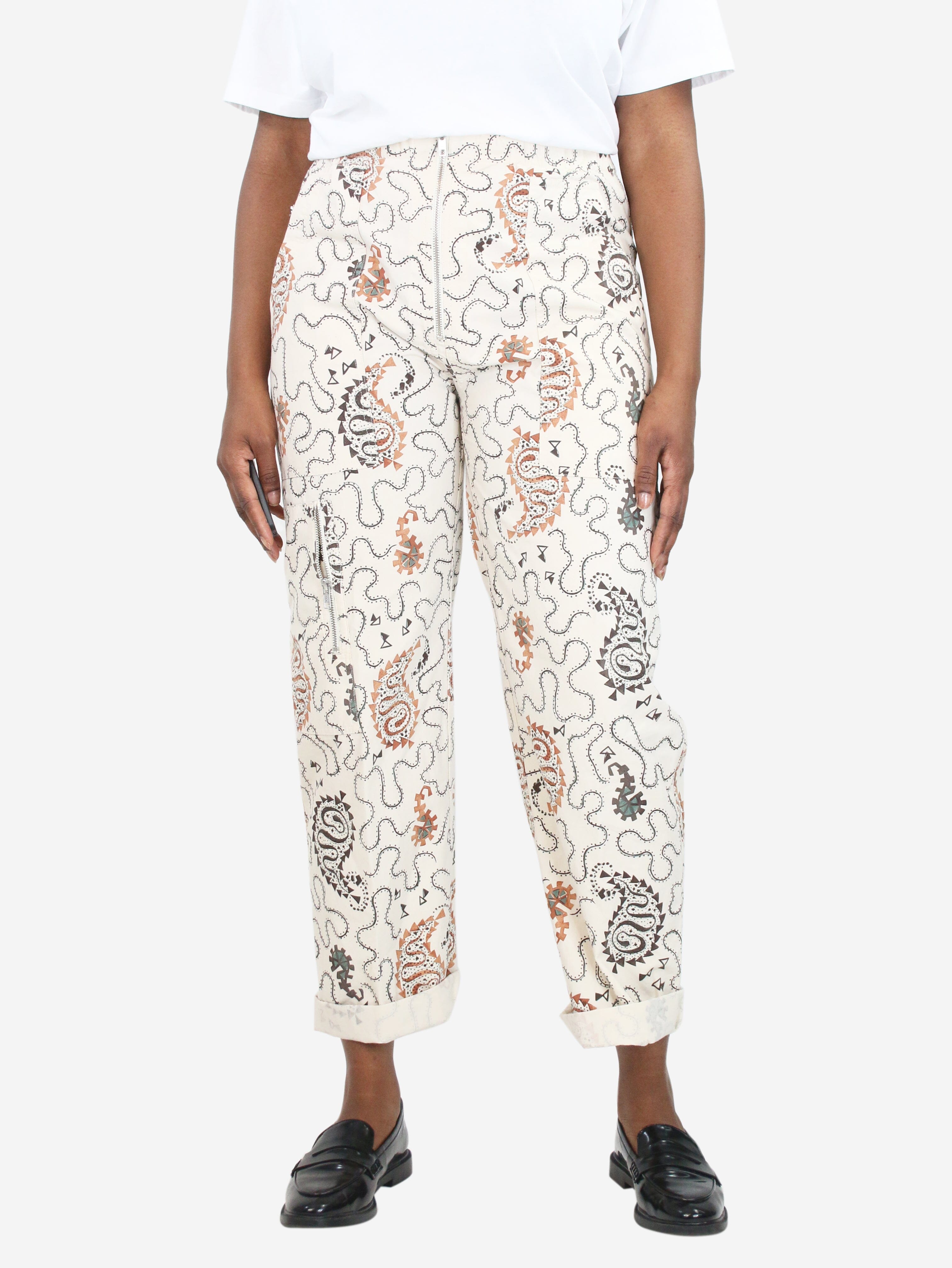 image of Cream printed cotton-twill trousers - size UK 12