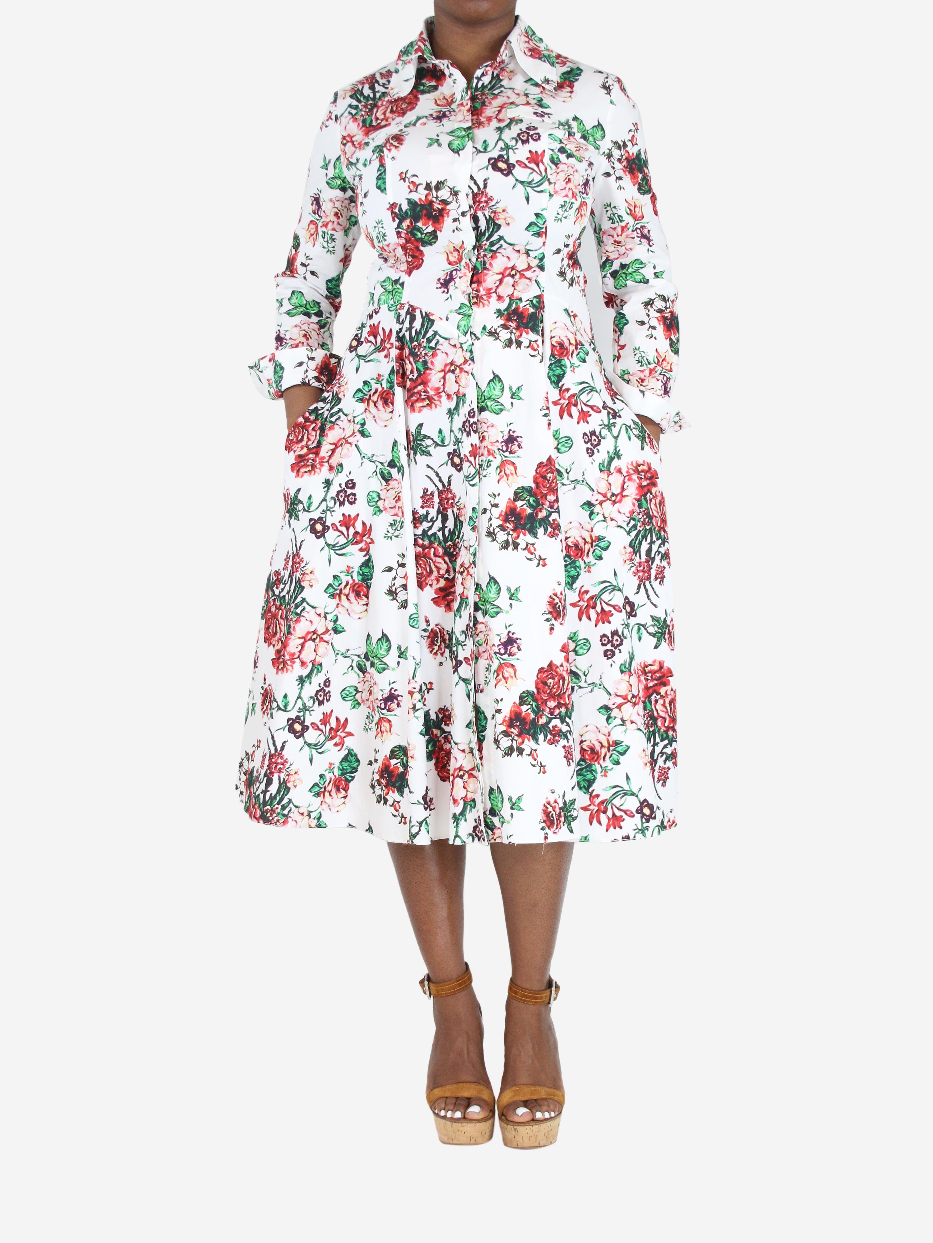 image of Multi floral-printed pleated cotton midi dress - size UK 14