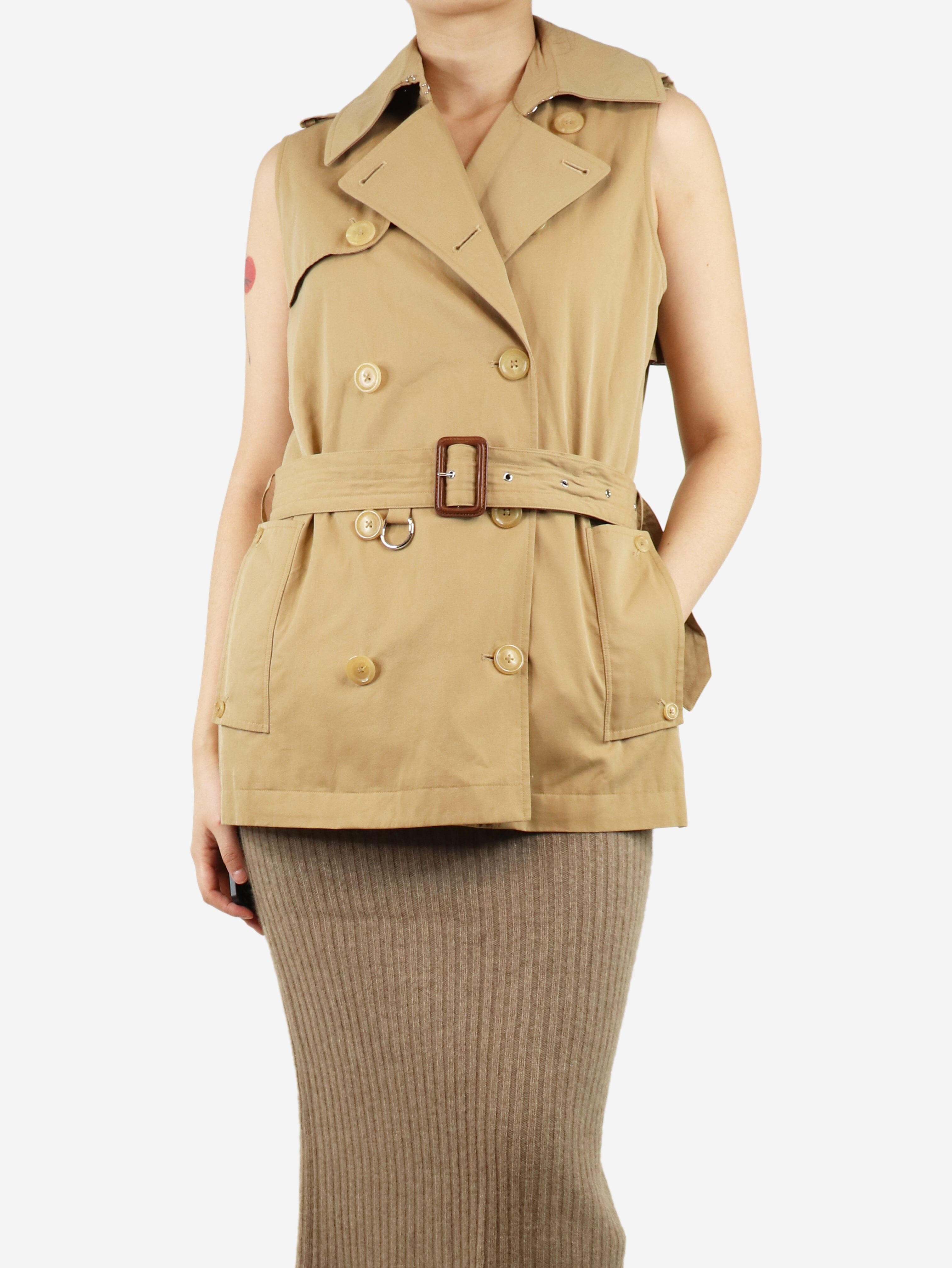 image of Tan sleeveless belted trench jacket - size UK 10