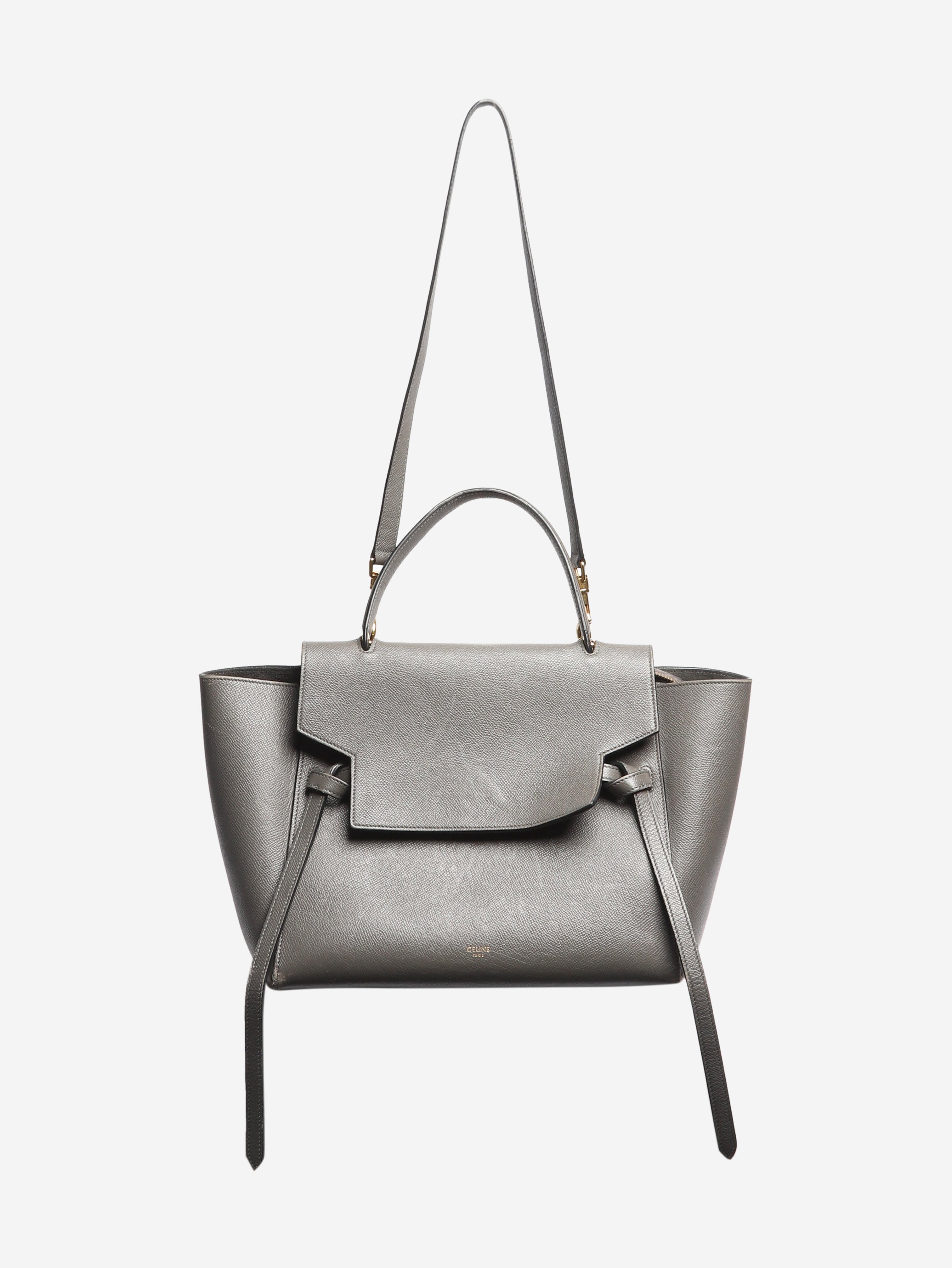 image of Grey mini belt bag in grained calfskin with gold tone hardware