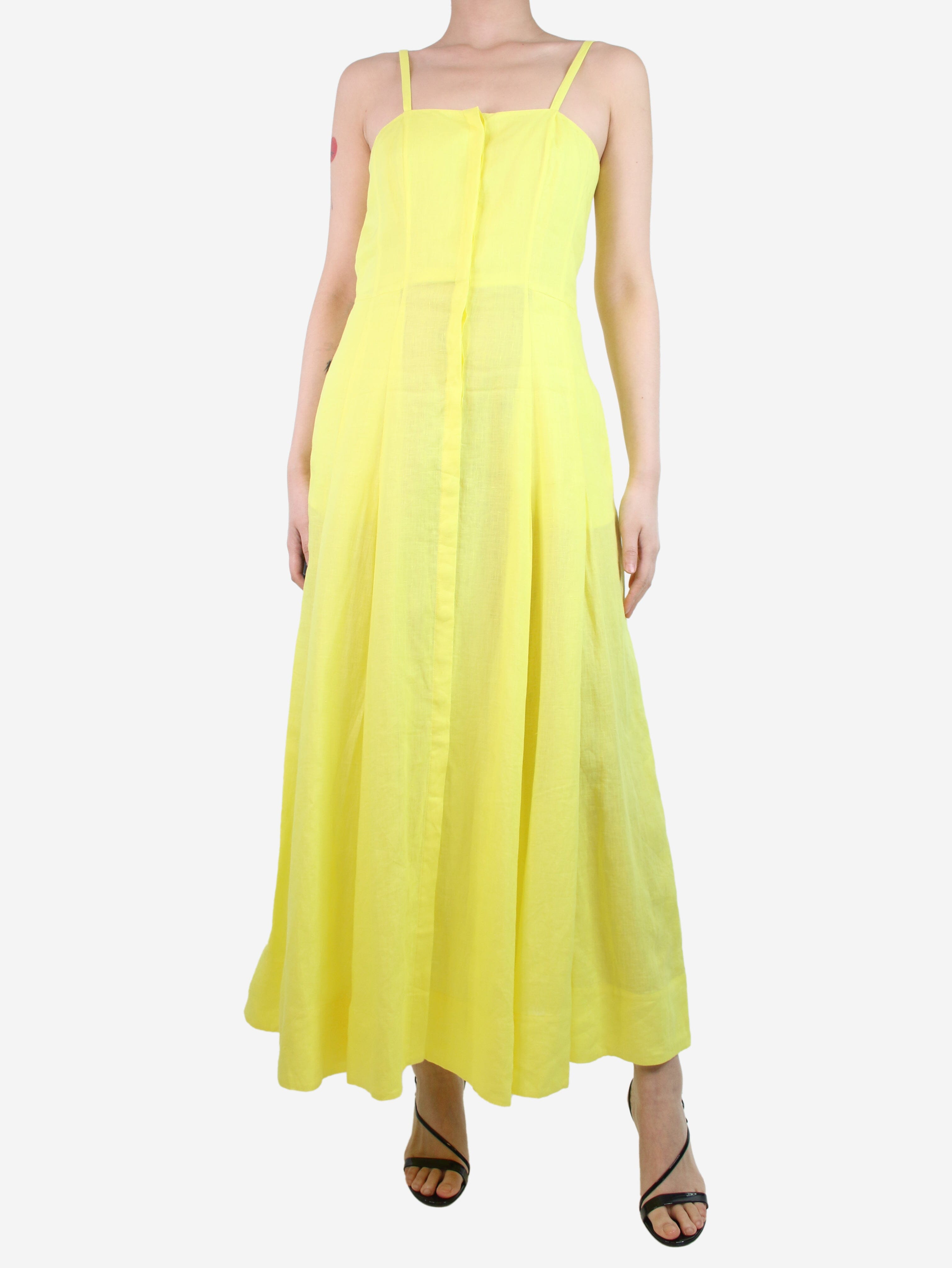 image of Yellow sleeveless button-up linen midi dress - size UK 8