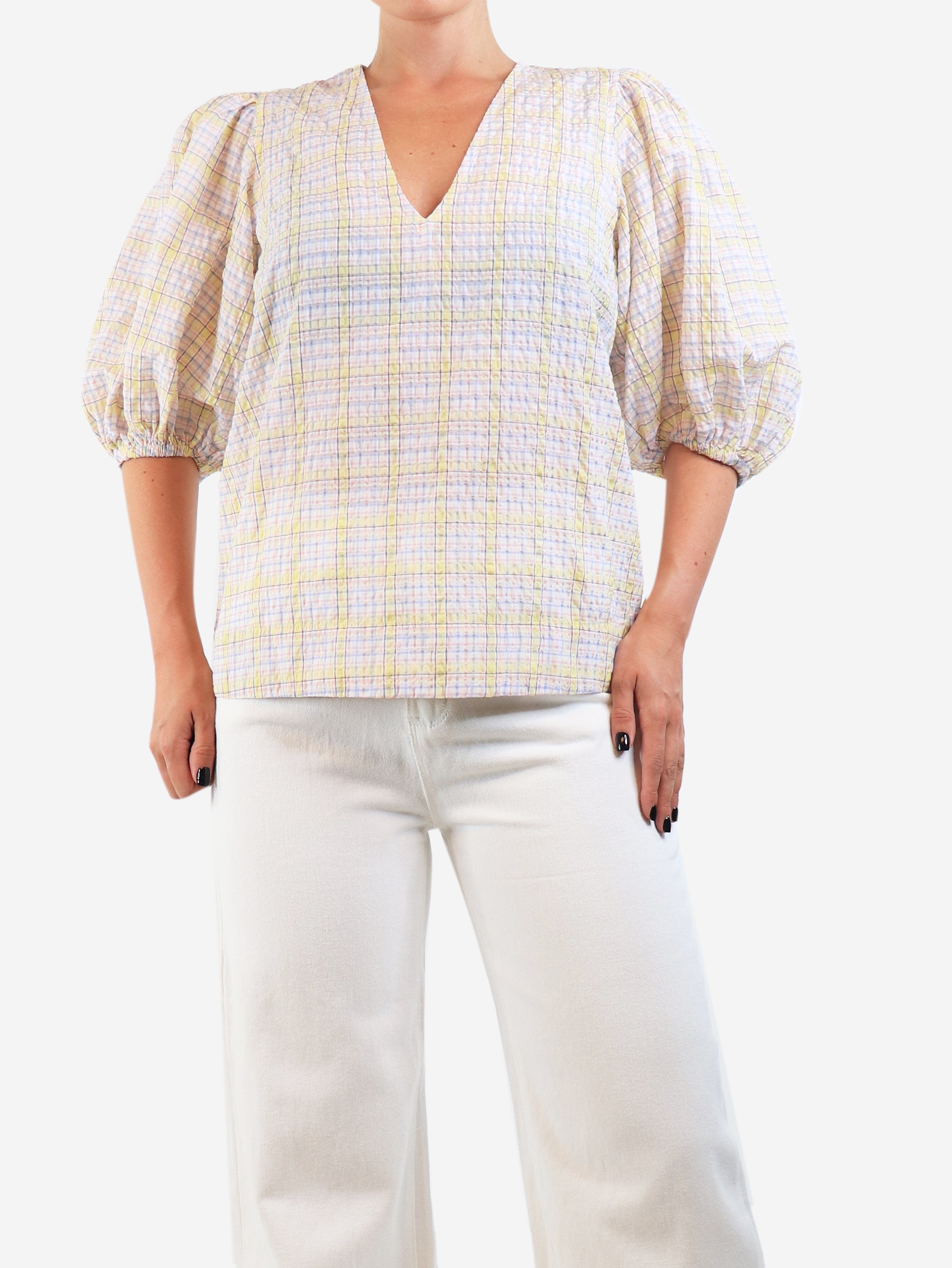 image of Multicolour puff-sleeved seersucker blouse - size UK 8