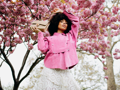 pink isabel marant jacket, chanel classic flap bag, white lace skirt, spring looks 