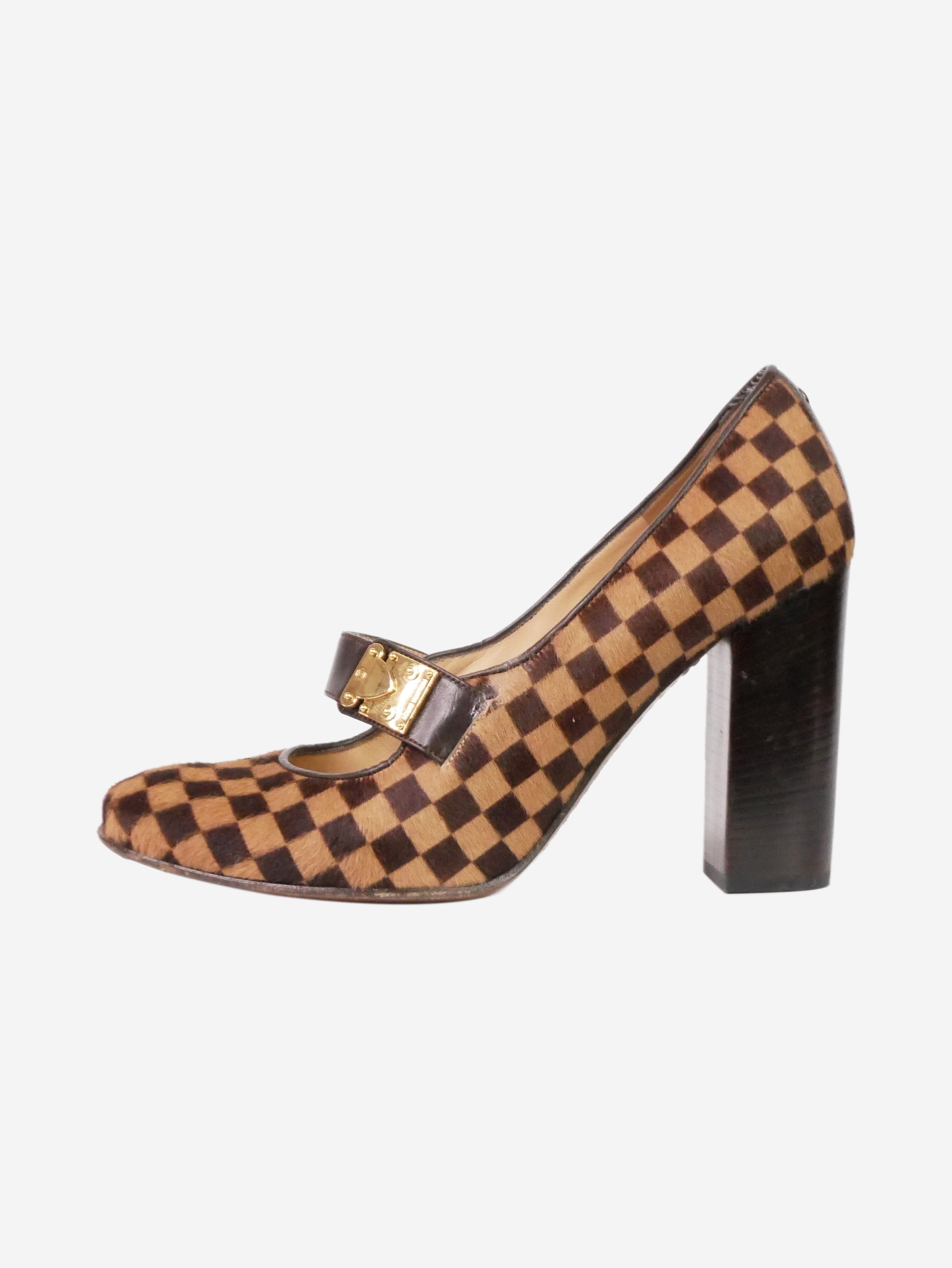 Louis Vuitton - Black & Beige Monogram Print Open Toe Wedges w/ Bow & –  Current Boutique