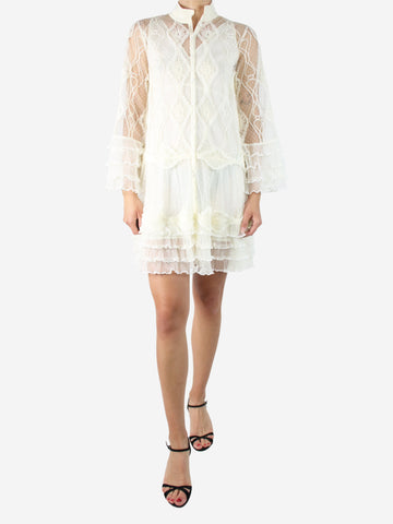 Cream long-sleeved embroidered button-up dress with slip - size UK 10