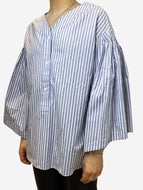 Blue and white pinstripe shirt with balloon sleeves- size UK 10