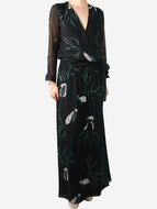 Black long-sleeved patterned wrap maxi dress - size US 6