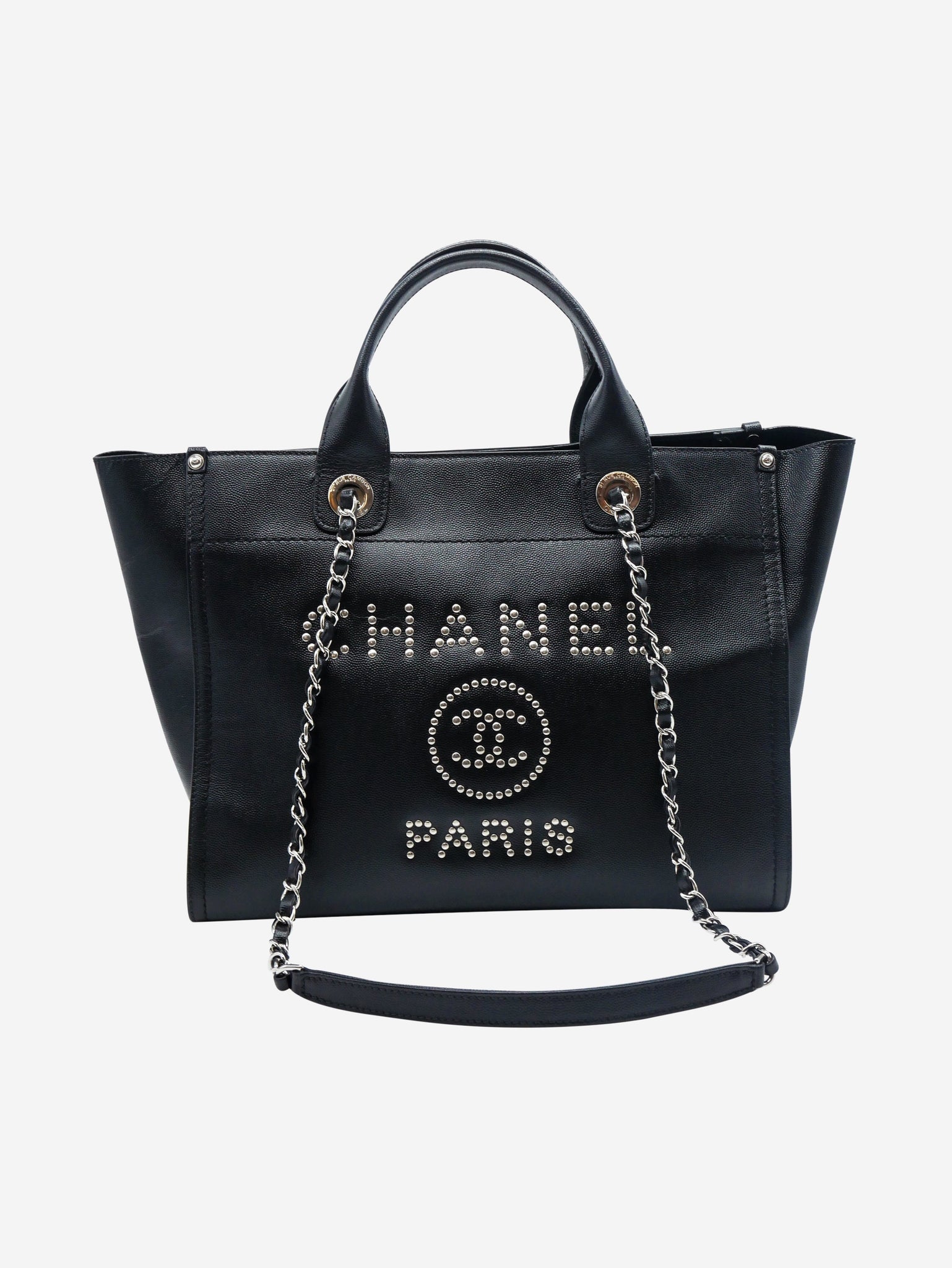 Black pre-owned Chanel Deauville tote bag in caviar leather with studded  logo | SOTT