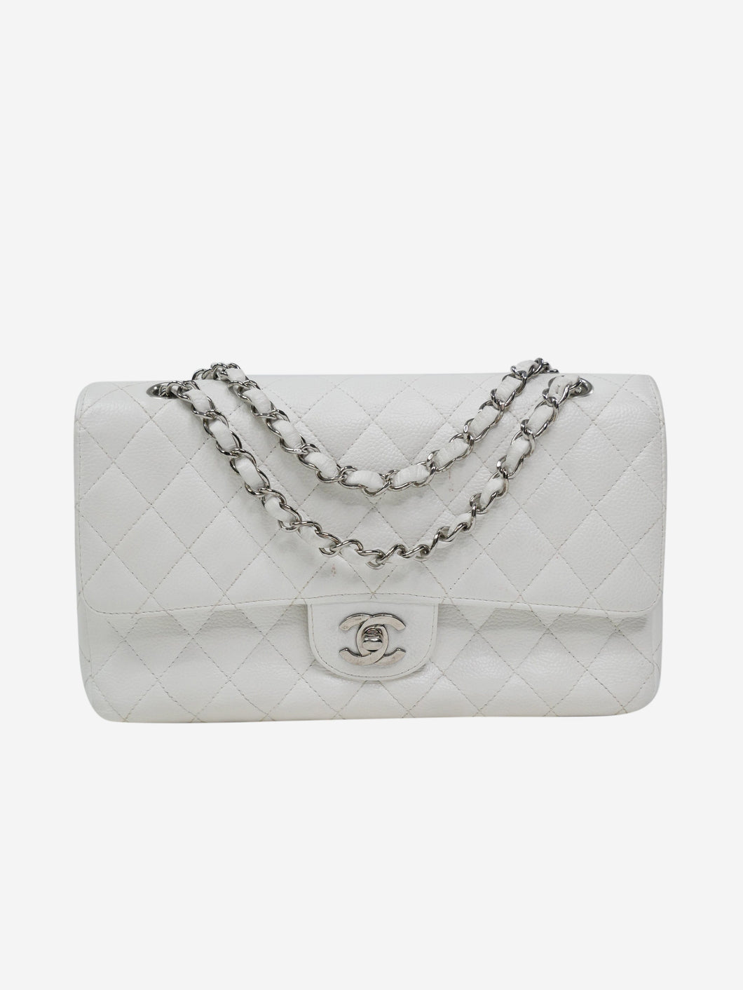 Chanel white medium quilted caviar double flap with silver hardware | SOTT