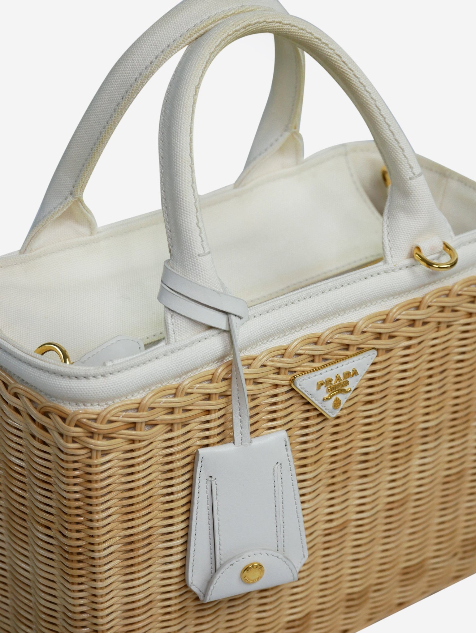 Neutral pre-owned Prada Wicker and canvas tote bag | SOTT