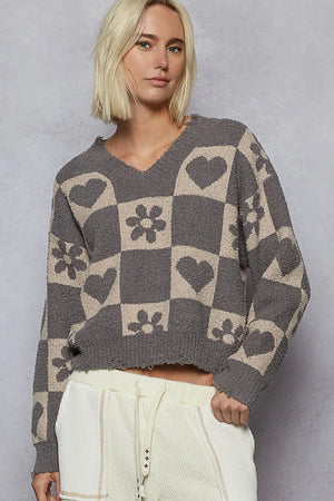 POL V-Neck Heart Pattern Checkered Sweater - Valerias Fashions