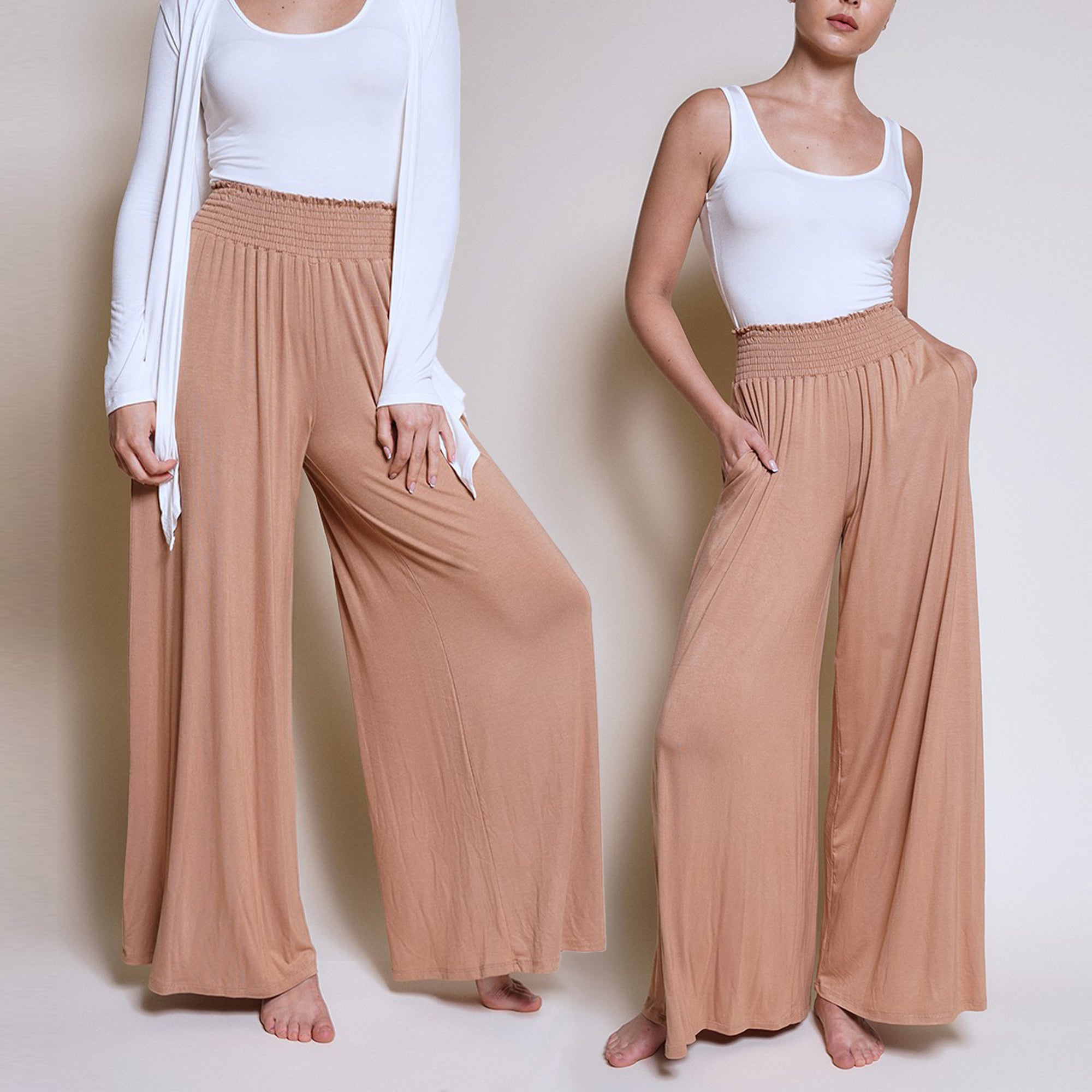 Studio Ko Organic Bamboo Smock Elastic Waist Maxi Palazzo Pants with Pockets