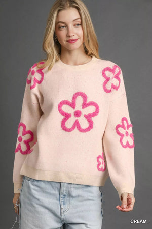Umgee Round Neck Sweater with Pink Floral Accents - Valerias Fashions