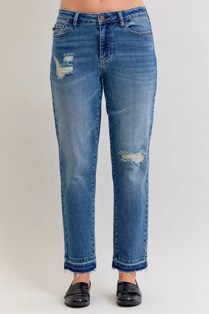 Judy Blue MR Patch & Repair Destroy Release Hem Boyfriend Denim Jeans 881045 - Valerias Fashions