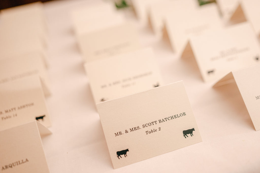 escort cards with food choices- black tie wedding