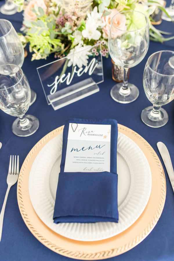 blue and gold wedding reception unique wedding menu