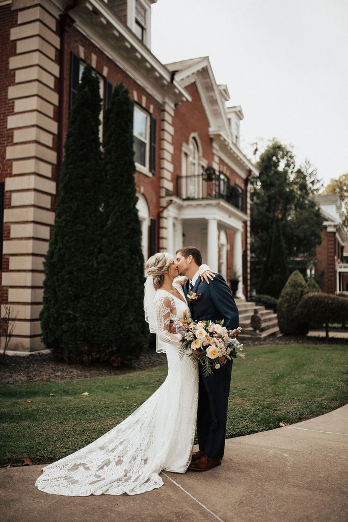 elegant wedding first look lace dress