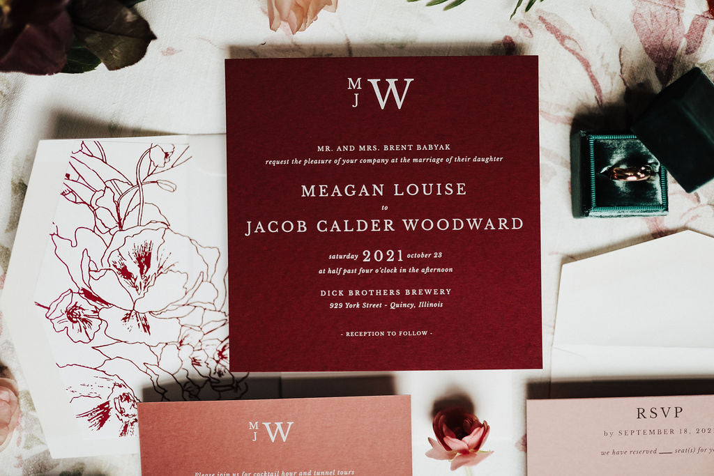 burgundy square wedding invitation for a fall wedding