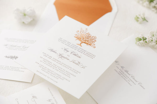 wedding invitation with copper foil stamping