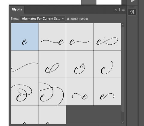 font glyph options letter e