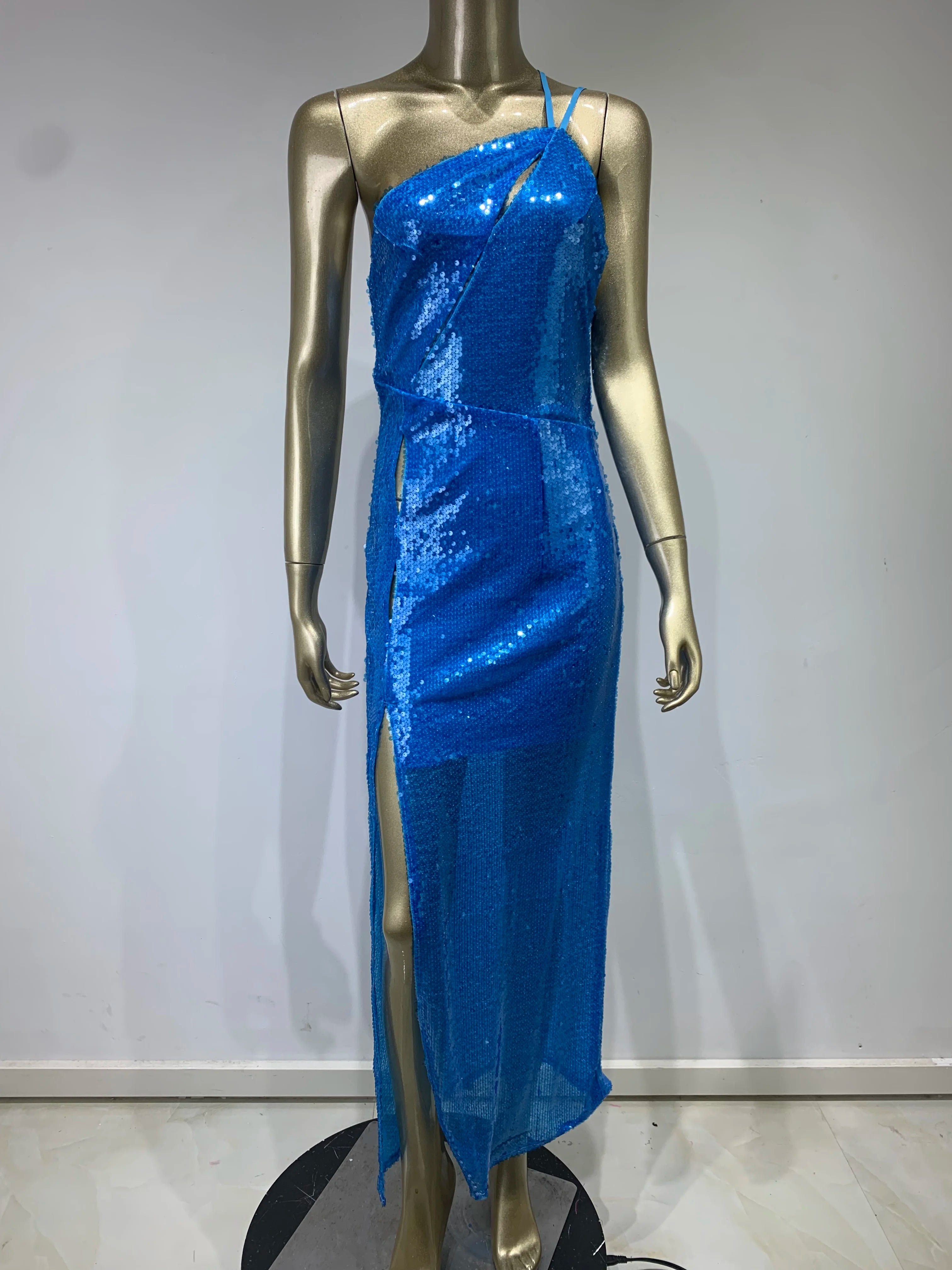 Luxury One Shoulder Sequins Cut Out Blue Maxi Dress
