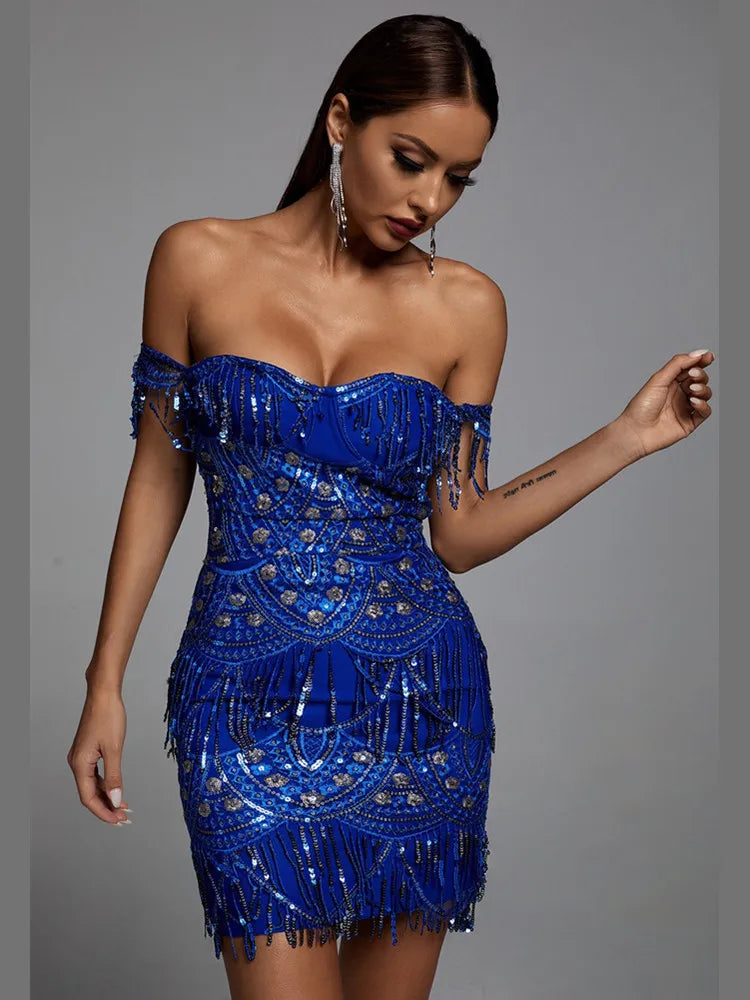 Blue sequin bodycon dress for summer parties and stages