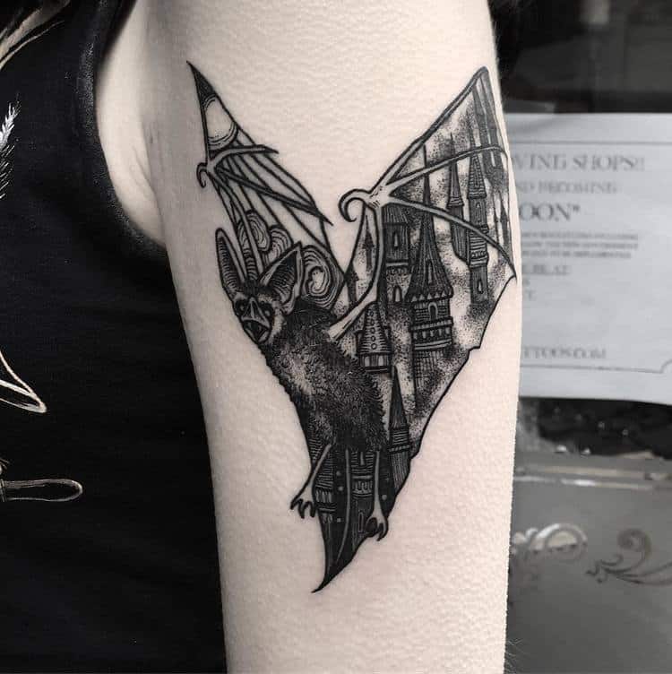 Bat and Castle Tattoo on Arm