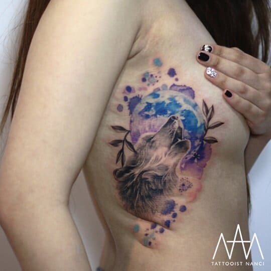Watercolor Moon and Wolf Tattoo by Tattooist Nanci