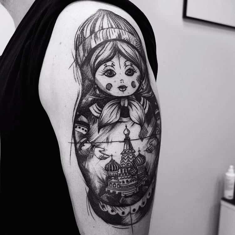 Blackwork Half Sleeve Matryoshka Tattoo by Vitaly Kazantsev