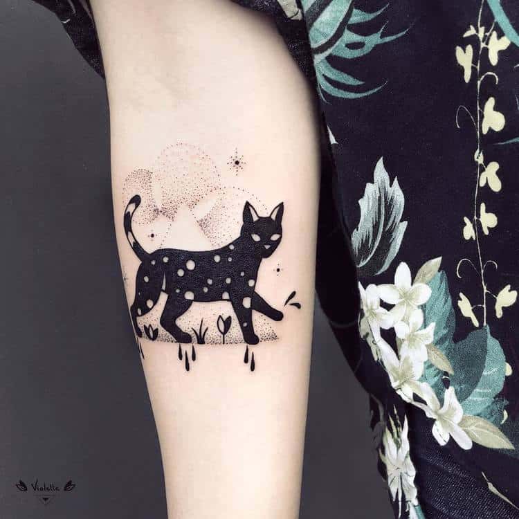 Black Cat and Dotwork Geometry Tattoo by violette_bleunoir