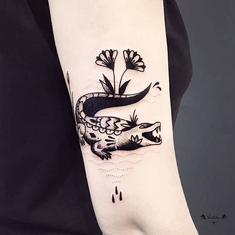 Crocodile and Papyrus Tattoo by violette_bleunoir