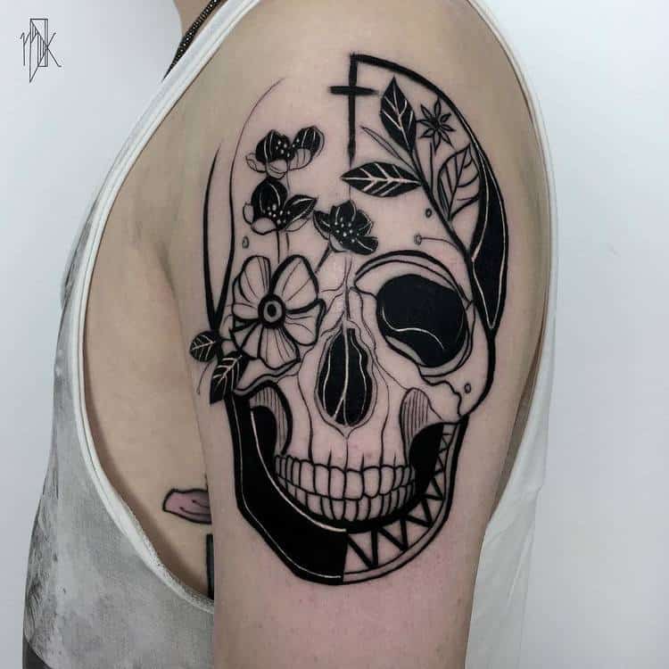 Blackwork Half Sleeve Skull Tattoo by Marta Kudu