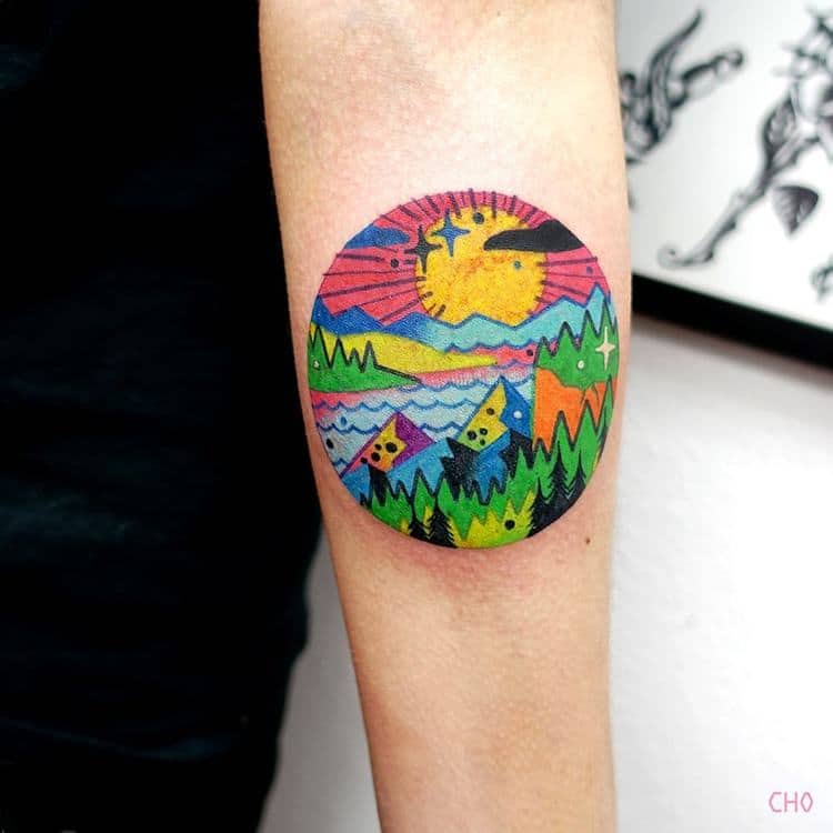 Circular Landscape Tattoo by Chotattooer