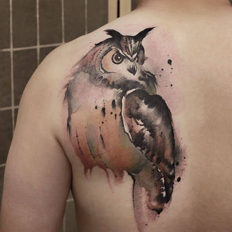 Watercolor Owl Tattoo By Chen Jie