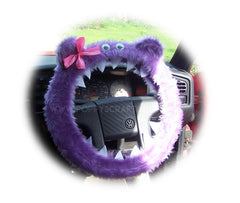 Lilac monster fuzzy faux fur steering wheel cover with pink bow and googly eyes