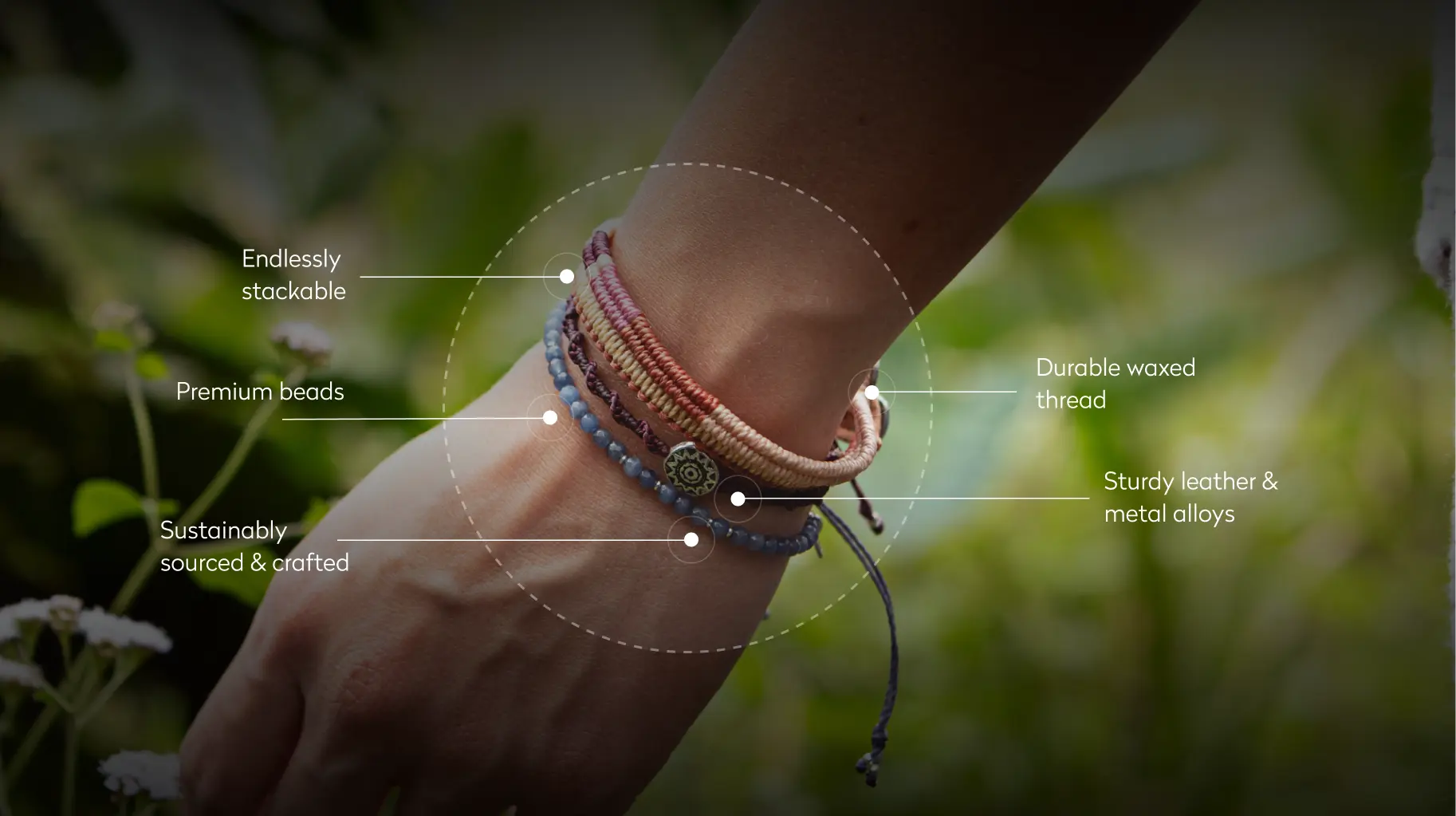 Close-up of a wrist wearing stackable, handcrafted bracelets made from durable thread, premium beads, and metal alloys.