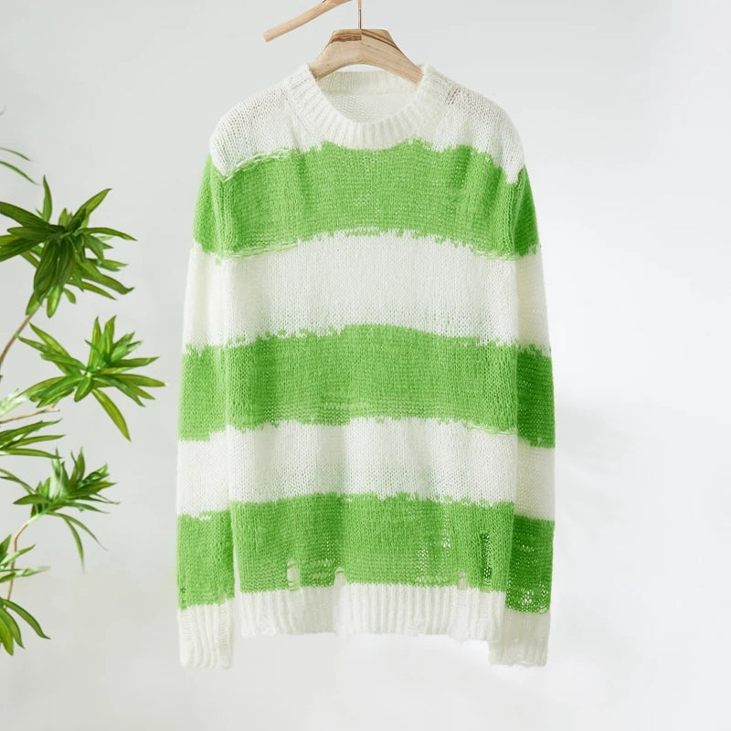 Striped Knitted Sweater Hollow Out Long Sleeve Pullover - Image 10