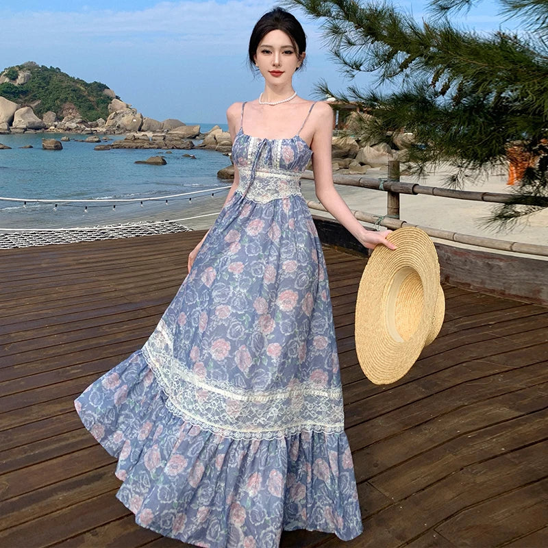 Women's Vocation Floral Print Spaghetti Strap A-Line Dress