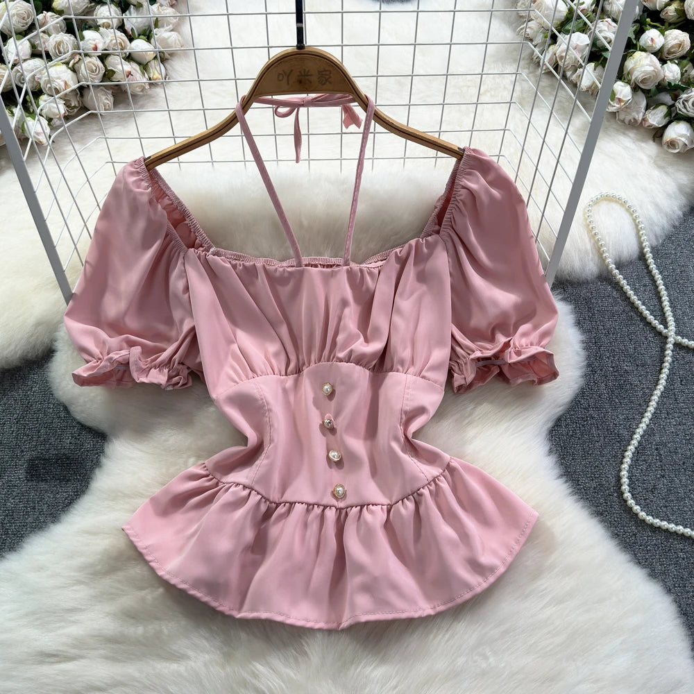 Women's Square Collar Puff Sleeve Blouse with Button Decoration - Image 3
