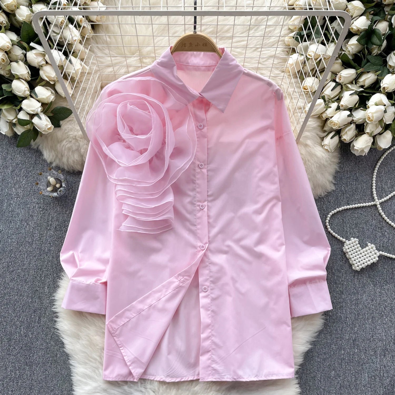 Women's Three-dimensional Flower Blouse with Turn-down Collar. - Image 2