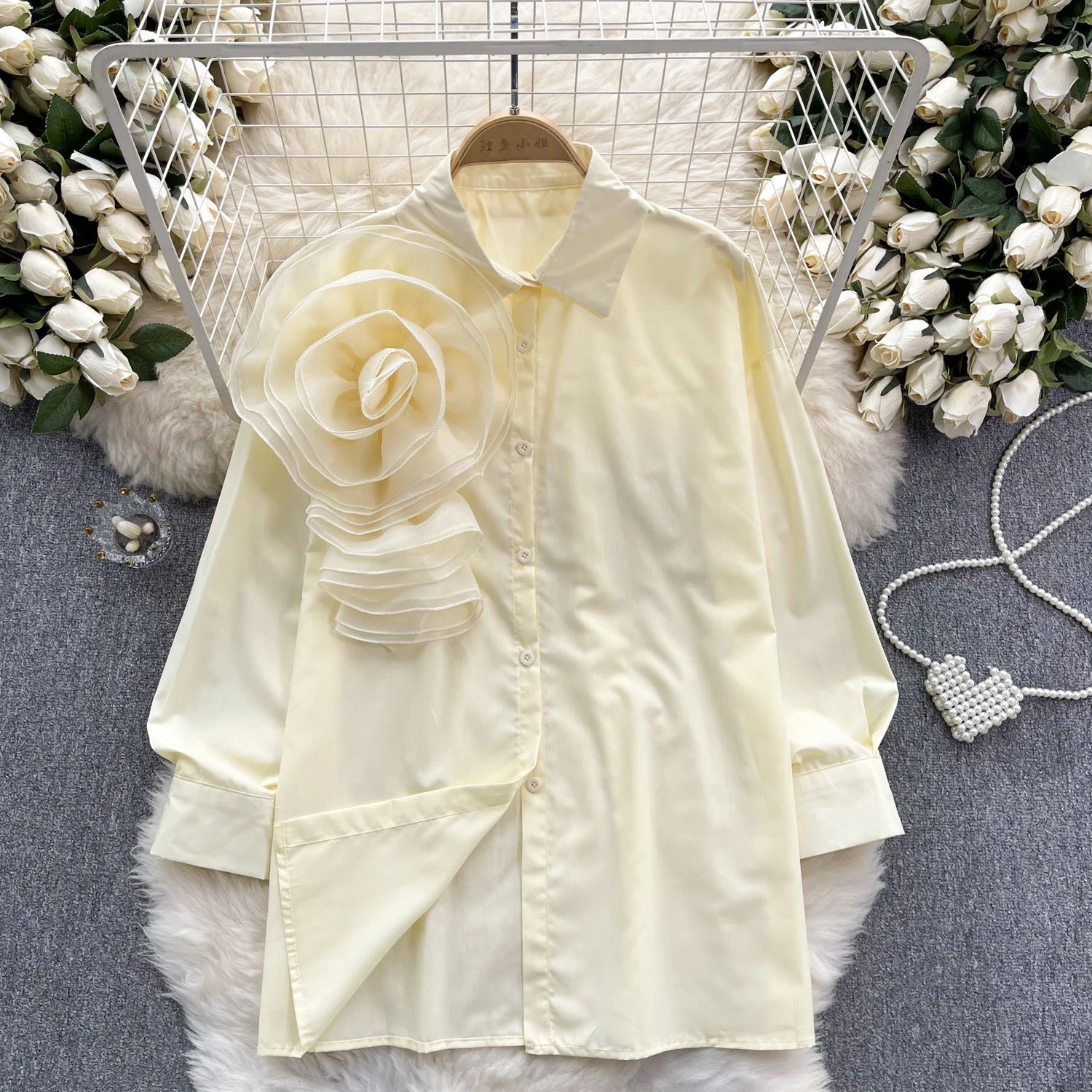 Women's Three-dimensional Flower Blouse with Turn-down Collar. - Image 5