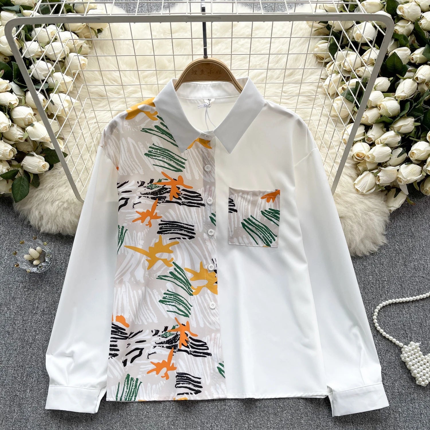 Patchwork Korean Style Blouse for Women Turn-down Collar Button Design - Image 6