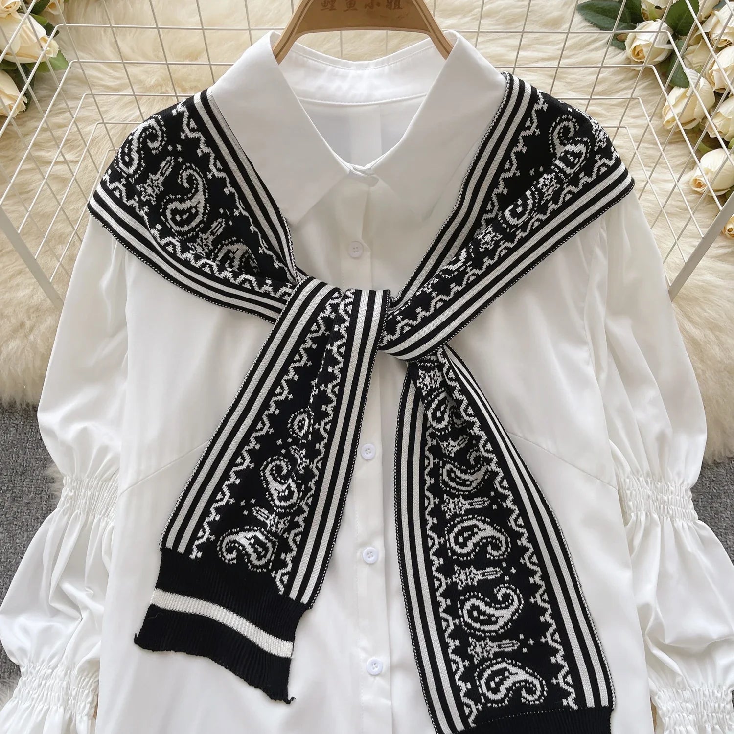 Women's Turn-down Collar Puff Sleeve Button Blouse + Shawl - Image 6
