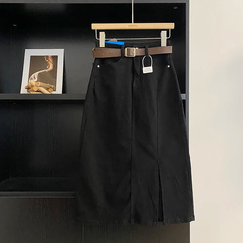 Women's Side Split A-line Denim Skirt with High Waist - Image 10