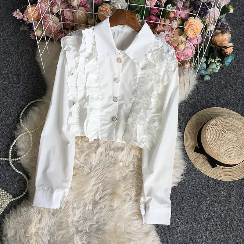 Trendy Ruffled Button-Up Shirt for Women in Solid Colors and Korean Style - Image 3