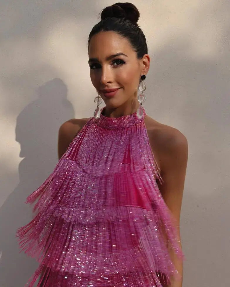 Tassel Hanging Neck Open Back Solid Color Dress - Image 7
